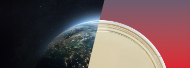 Split-screen composition with Earth and a Petri dish